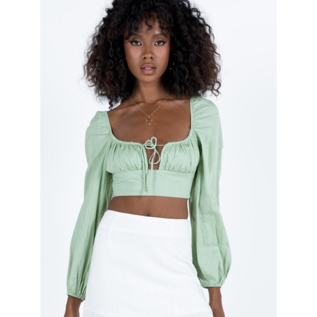 Princess Polly Empress Of Love Long Puff Peasant Shirt Sleeve Top Sage Green